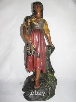 09e1 Ancienne Statue Pltre Polychrome Mignon Femme A La Mandoline Art Nouveau
