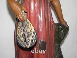 09e1 Ancienne Statue Pltre Polychrome Mignon Femme A La Mandoline Art Nouveau