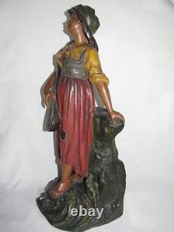 09e1 Ancienne Statue Pltre Polychrome Mignon Femme A La Mandoline Art Nouveau