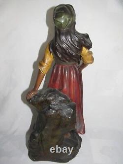 09e1 Ancienne Statue Pltre Polychrome Mignon Femme A La Mandoline Art Nouveau