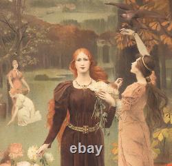 1900 Lithographie Art nouveau L'automne femmes en cueillette Ernest Bonnencontre