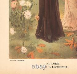 1900 Lithographie Art nouveau L'automne femmes en cueillette Ernest Bonnencontre