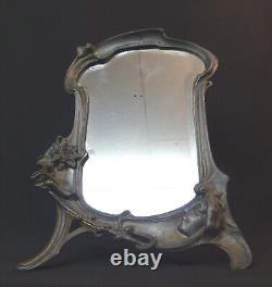 1900 art nouveau très beau miroir à poser 45cm glace cadre étain femme fleur