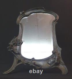 1900 art nouveau très beau miroir à poser 45cm glace cadre étain femme fleur