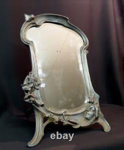 1900 art nouveau très beau miroir à poser 45cm glace cadre étain femme fleur