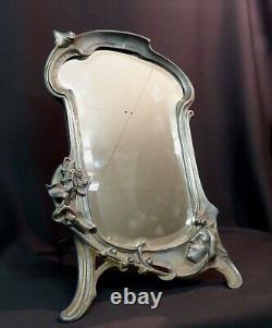 1900 art nouveau très beau miroir à poser 45cm glace cadre étain femme fleur