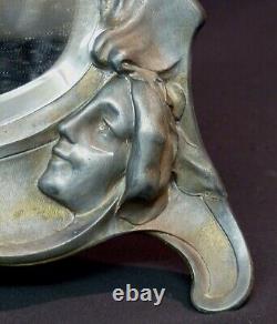 1900 art nouveau très beau miroir à poser 45cm glace cadre étain femme fleur