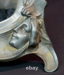 1900 art nouveau très beau miroir à poser 45cm glace cadre étain femme fleur