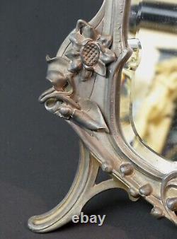 1900 art nouveau très beau miroir à poser 45cm glace cadre étain femme fleur