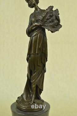 1920 Femme Avec Plumes Bronze Marbre Base Sculpture Milo Art Nouveau Figurine