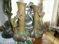2 Vases-métal patiné bronze -ART NOUVEAU-femme-Signé A. De Raudery- Jugendstil