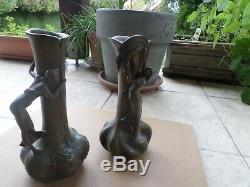 2 Vases-métal patiné bronze -ART NOUVEAU-femme-Signé A. De Raudery- Jugendstil