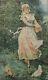 3135 Aquarelle Femme Art Nouveau Signé Leroux Daté 1912, 57 Cm X 25 Cm