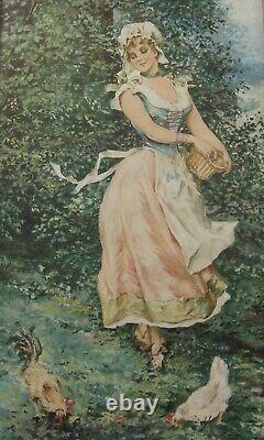 3135 aquarelle femme art nouveau signé leroux daté 1912, 57 cm x 25 cm