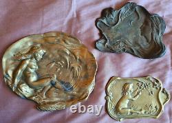 3 vide-poches art nouveau laiton Femme & volubilis Femme nue Enfant & fleur