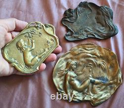 3 vide-poches art nouveau laiton Femme & volubilis Femme nue Enfant & fleur