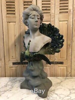 85cm Aristide de Ranieri Terre Cuite de Charenton Buste Art Nouveau Femme Paon