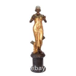9934121-ds Bronze Sculpture Art Nouveau Femme Coloré Sur Base de Pierre H158cm