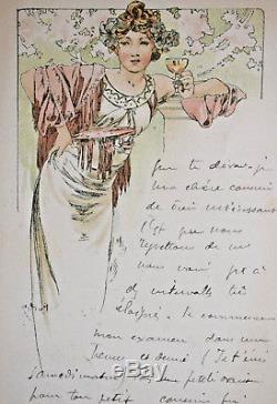 ALPHONSE MUCHA Carte Postale Originale ART NOUVEAU Femme Champagne Menu CPA 1901