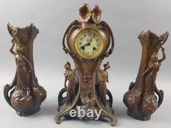 ANCIENNE PENDULE regule GARNITURE DE CHEMINEE DLG Mucha art nouveau femme fleur