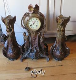 ANCIENNE PENDULE regule GARNITURE DE CHEMINEE DLG Mucha art nouveau femme fleur