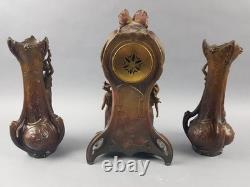 ANCIENNE PENDULE regule GARNITURE DE CHEMINEE DLG Mucha art nouveau femme fleur