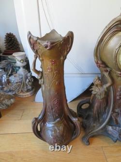 ANCIENNE PENDULE regule GARNITURE DE CHEMINEE DLG Mucha art nouveau femme fleur