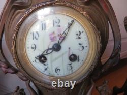ANCIENNE PENDULE regule GARNITURE DE CHEMINEE DLG Mucha art nouveau femme fleur