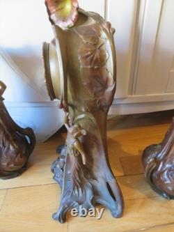 ANCIENNE PENDULE regule GARNITURE DE CHEMINEE DLG Mucha art nouveau femme fleur