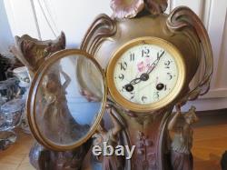 ANCIENNE PENDULE regule GARNITURE DE CHEMINEE DLG Mucha art nouveau femme fleur