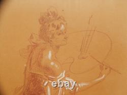 ANCIEN DESSIN Original SANGUINE Craie Art Nouveau Jeune Femme Signé Jules Cheret