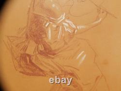 ANCIEN DESSIN Original SANGUINE Craie Art Nouveau Jeune Femme Signé Jules Cheret