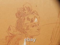 ANCIEN DESSIN Original SANGUINE Craie Art Nouveau Jeune Femme Signé Jules Cheret