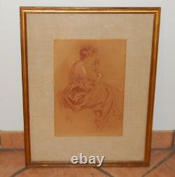 ANCIEN DESSIN Original Sanguine Craie Art Nouveau Jeune Femme Signé Jules Cheret