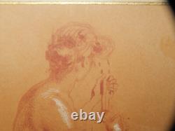 ANCIEN DESSIN Original Sanguine Craie Art Nouveau Jeune Femme Signé Jules Cheret