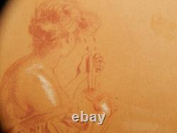 ANCIEN DESSIN Original Sanguine Craie Art Nouveau Jeune Femme Signé Jules Cheret