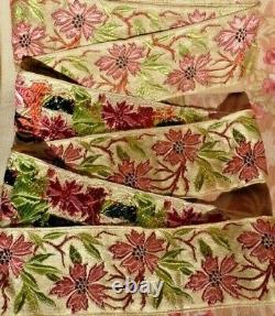 ANCIEN RUBAN St ÉTIENNE DÉCOR GUIRLANDE de FLEURS ART NOUVEAU SOIE TISSÉE 1900