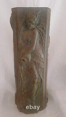 ART NOUVEAU Ancien GRAND Pied de Lampe colonne PLATRE patiné decor Femme