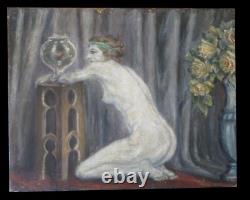 ART NOUVEAU HsT NU FEMININ Huile sur toile La Femme au poisson