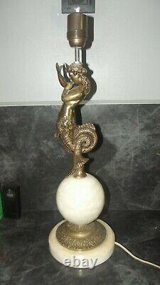 ART NOUVEAU lampe bronze décor de femme faune sirène poisson socle marbre onyx