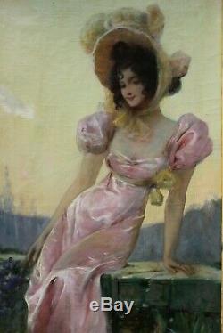 Alb MATIGNON(1869-1937), femme élégante iris, robe, chapeau, art-nouveau, modern styl