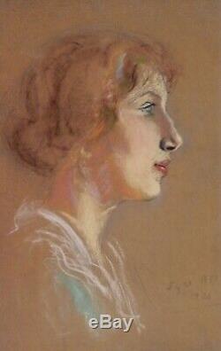 Albert BESNARD dessin pastel portrait femme rousse profil Art Nouveau tableau