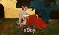 Albert BESNARD tableau huile Maternité femme enfant feuille or ART NOUVEAU 1900