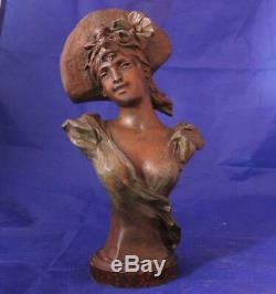 Ancien Art Nouveau Femme Bronze Spelter Statue Buste E. Ferrand Villanis c. 1900