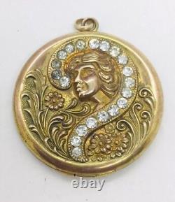 Ancien Art Nouveau Femme or Rempli Orné Strass Médaillon Pendentif