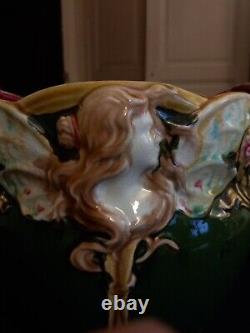Ancien Cache Pot Jardiniere Onnaing N°824 Femme Papillon Nymphe Art Nouveau