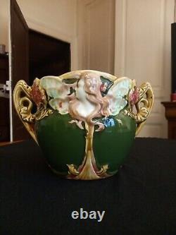 Ancien Cache Pot Jardiniere Onnaing N°824 Femme Papillon Nymphe Art Nouveau