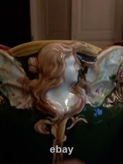 Ancien Cache Pot Jardiniere Onnaing N°824 Femme Papillon Nymphe Art Nouveau