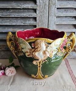 Ancien Cache Pot Jardinniere Onnaing N°824 Femme Papillon Nymphe Art Nouveau