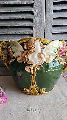 Ancien Cache Pot Jardinniere Onnaing N°824 Femme Papillon Nymphe Art Nouveau